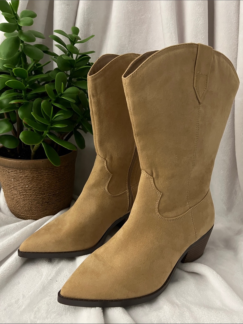 Lane Bryant Tan Suede Pointed Western Mid-Calf Boots